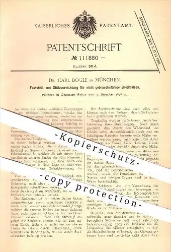 original Patent - Dr. Carl Bögle in München , 1898 , Feststell- und Stützvorrichtung für Gliedmaßen , Medizin , Schienen