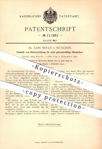 original Patent - Dr. Carl Bögle , München , 1899 , Feststell- und Stützvorrichtung für Gliedmaßen , Schienen , Medizin