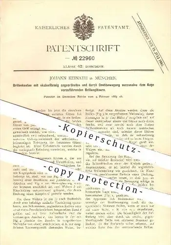 original Patent - Johann Keinath in München , 1883 , Brillenkasten  mit dem Auge vorzuführenden Brillenglas , Optiker !!