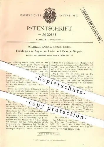 original Patent - Wilhelm Labo , Düsseldorf , 1882 , Dichtung der Fugen an Tür u. Fenster , Türen , Hochbau , Dichtungen