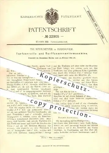 original Patent - Th. Nehlmeyer in Hannover , 1882 , Torfzerreissmaschine u. Torfsortiermaschine , Torf , Papierfabrik !