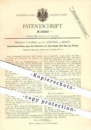 original Patent - M. Faforke , W. Goretzky , Berlin , 1882 , Schutz vor Zerbrechen der Scherbäume beim Sturz des Pferds