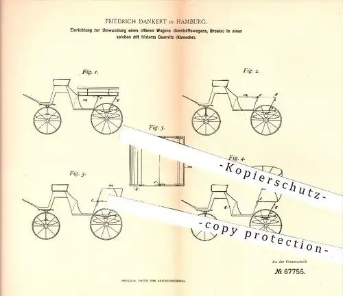 original Patent - Friedrich Dankert in Hamburg , 1892 , Umwandlung eines offenen Wagens , Wagen , Wagenbau , Fahrzeugbau