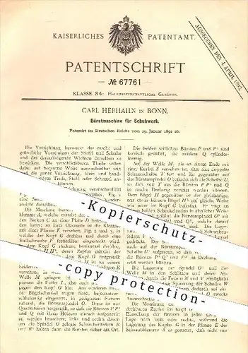 original Patent - Carl Herhahn in Bonn , 1892 , Bürstmaschine für Schuhwerk , Schuhe , Bürsten , Hauswirtschaft , Schuh