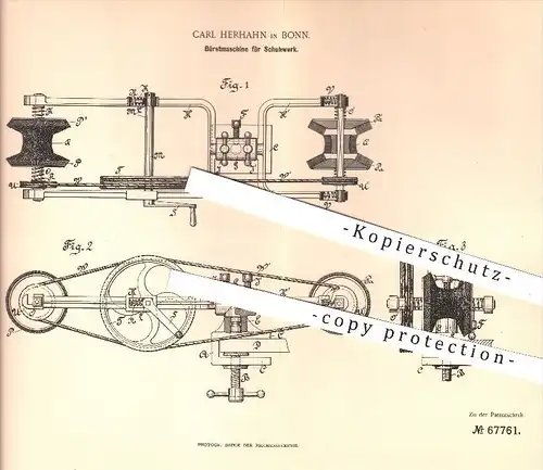 original Patent - Carl Herhahn in Bonn , 1892 , Bürstmaschine für Schuhwerk , Schuhe , Bürsten , Hauswirtschaft , Schuh