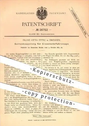original Patent - Franz Otto Ettig , Dresden , 1883 , Seitenkupplung für Eisenbahnen , Eisenbahn , Kupplung , Kupplungen