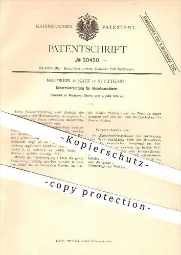 original Patent - Krumrein & Katz , Stuttgart , 1882 , Schutz für Hobelmaschinen  , Hobel , Hobeln , Tischler , Holz !!