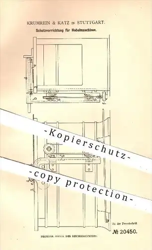 original Patent - Krumrein & Katz , Stuttgart , 1882 , Schutz für Hobelmaschinen  , Hobel , Hobeln , Tischler , Holz !!