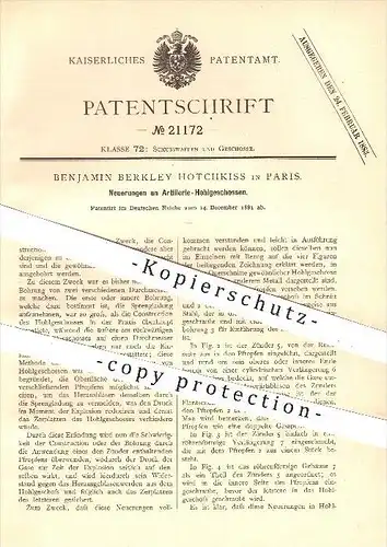 original Patent - Benjamin Berkley Hotchkiss in Paris , 1881 , Artillerie - Hohlgeschosse , Waffen , Geschosse , Gewehr