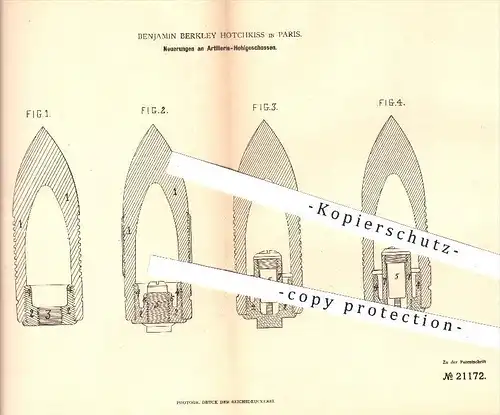 original Patent - Benjamin Berkley Hotchkiss in Paris , 1881 , Artillerie - Hohlgeschosse , Waffen , Geschosse , Gewehr