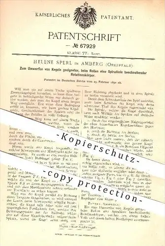 original Patent - Helene Sperl in Amberg , 1892 , Rotationskörper zum Kegeln , Kegel , Sport , Rotation , Spiel , Spiele