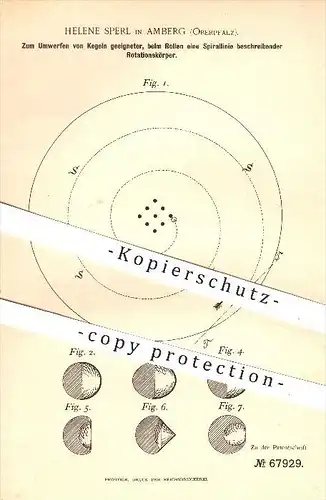 original Patent - Helene Sperl in Amberg , 1892 , Rotationskörper zum Kegeln , Kegel , Sport , Rotation , Spiel , Spiele