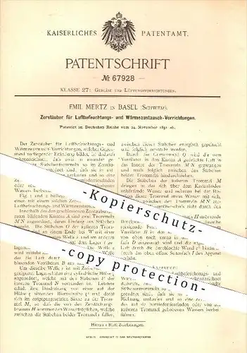 original Patent - Emil Mertz in Basel , Schweiz , 1891 , Zerstäuber zur Luftbefeuchtung und Wärmeaustausch , Gebläse !!!