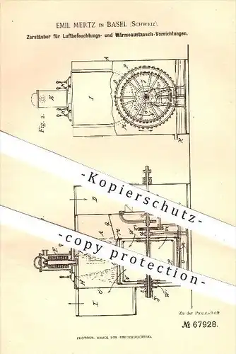 original Patent - Emil Mertz in Basel , Schweiz , 1891 , Zerstäuber zur Luftbefeuchtung und Wärmeaustausch , Gebläse !!!