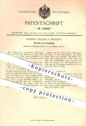 original Patent - Gustav Grosse , Wurzen , 1898, Tierfalle mit Schlagbügel , Tier , Tiere , Schädlingsbekämpfung , Köder