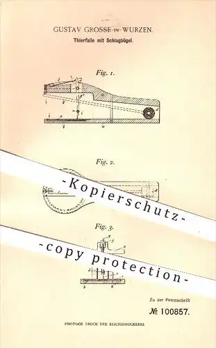original Patent - Gustav Grosse , Wurzen , 1898, Tierfalle mit Schlagbügel , Tier , Tiere , Schädlingsbekämpfung , Köder