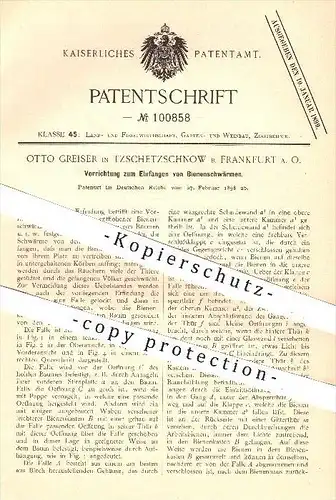 original Patent - O. Greiser , Tzschetzschnow , Frankfurt , 1898 , Bienenschwärme einfangen , Bienen , Landwirtschaft !!