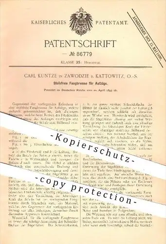 original Patent - Carl Kuntze , Zawodzie , Kattowitz , 1895 , Fangbremse für Aufzüge , Aufzug , Bremse , Hebezeuge !!!