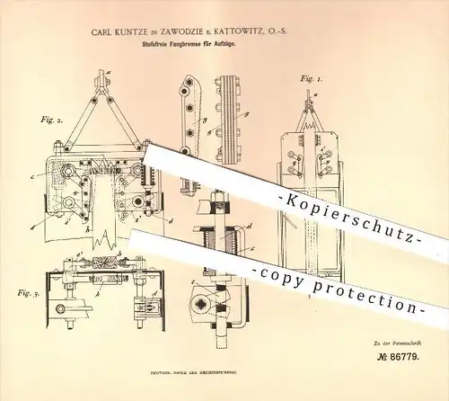 original Patent - Carl Kuntze , Zawodzie , Kattowitz , 1895 , Fangbremse für Aufzüge , Aufzug , Bremse , Hebezeuge !!!