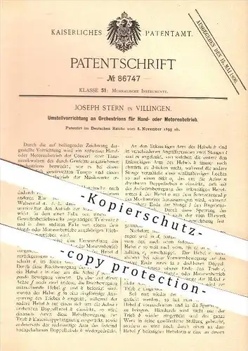 original Patent - Joseph Stern in Villingen , 1895 , Orchestrions mit Handbetrieb u. Motorenbetrieb , Musikinstrumente !