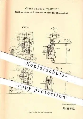 original Patent - Joseph Stern in Villingen , 1895 , Orchestrions mit Handbetrieb u. Motorenbetrieb , Musikinstrumente !