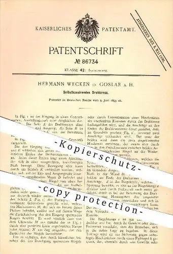 original Patent - Hermann Wecken in Goslar , Harz , 1895 , Selbstkassierendes Drehkreuz , Kasse , Kassenautomat , Geld