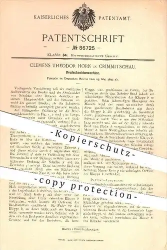 original Patent - Clemens Theodor Horn , Crimmitschau , 1895 , Brotschneidemaschine , Brot , Schneidemaschine , Haushalt
