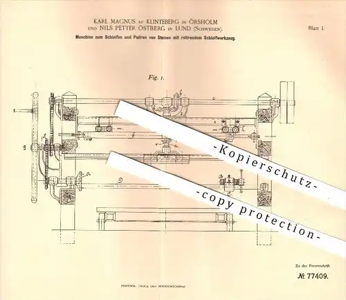 original Patent - K. Magnus af Klinteberg in Örsholm u. N. Petter Östberg in Lund , 1893, Steine Schleifen u. Polieren