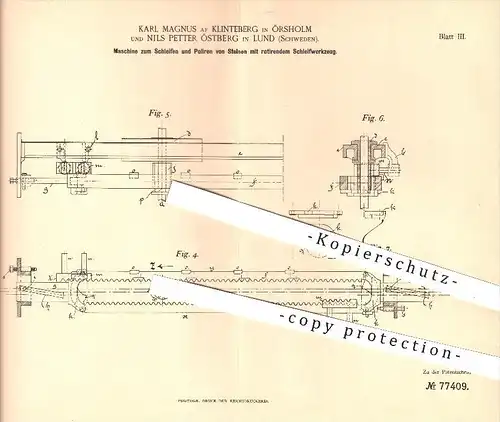 original Patent - K. Magnus af Klinteberg in Örsholm u. N. Petter Östberg in Lund , 1893, Steine Schleifen u. Polieren
