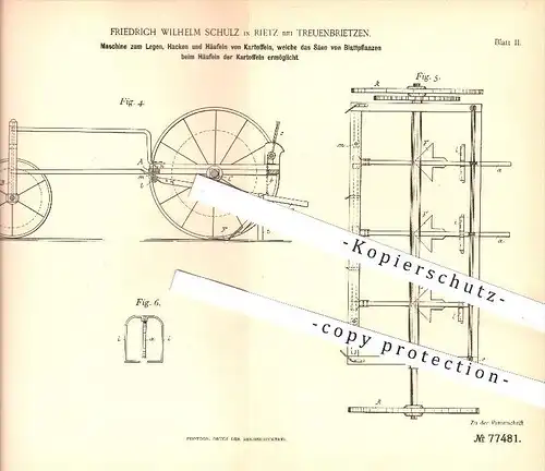 original Patent - Fr. W. Schulz , Rietz , Treuenbrietzen , 1893 , Maschine zum Legen , Hacken , Häufeln von Kartoffeln !