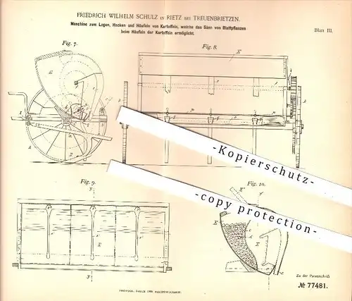 original Patent - Fr. W. Schulz , Rietz , Treuenbrietzen , 1893 , Maschine zum Legen , Hacken , Häufeln von Kartoffeln !