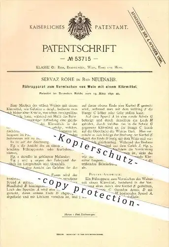 original Patent - Servas Rohe in Bad Neuenahr , 1890 , Rührwerk zum Vermischen von Wein mit Klärmittel !!!