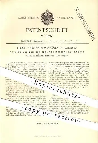 original Patent - Ernst Lehmann in Schmölln , 1891 , Spritzen von Mustern auf Knöpfe mittels Motor , Knopf !!!