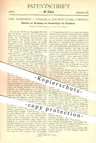 original Patent - C. Hannemann in Steglitz , J. Kuhse in Dresden , 1879 , Hammerköpfe für Pianofortes , Piano , Musik !!