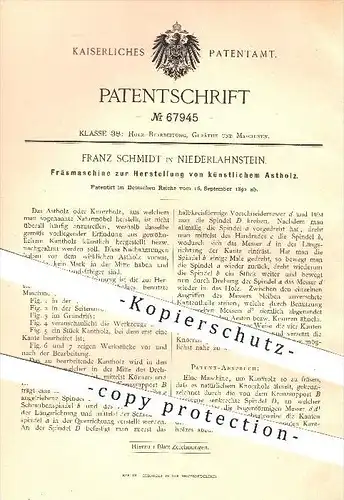 original Patent - Franz Schmidt in Niederlahnstein , 1892 , Fräsmaschine zur Herstellung von künstlichem Astholz , Holz
