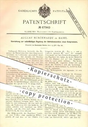 original Patent - August Burckhardt in Basel , 1892 , Regelung der Betriebsmaschine eines Kompressors , Kompressor !