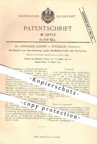 original Patent - Dr. Leonhard Lederer in Sulzbach , 1900 , Darstellung von Acetylderivat der Zellulose , Chemie !!!