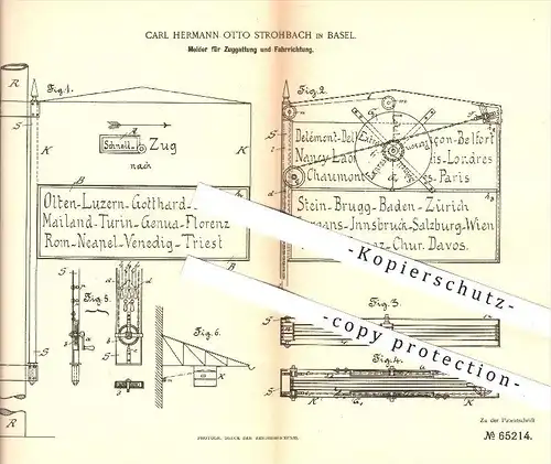 original Patent - Carl H. O. Strohbach in Basel , 1891 , Melder für Zuggattung u. Fahrrichtung , Eisenbahn , Eisenbahnen