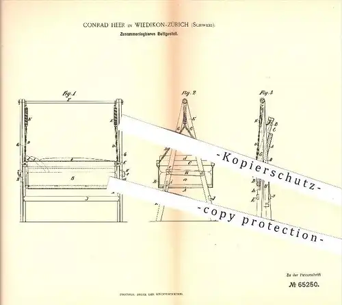 original Patent - Conrad Heer , Wiedikon - Zürich , Schweiz , 1892, Zusammenlegbares Bettgestell , Bett , Betten , Möbel