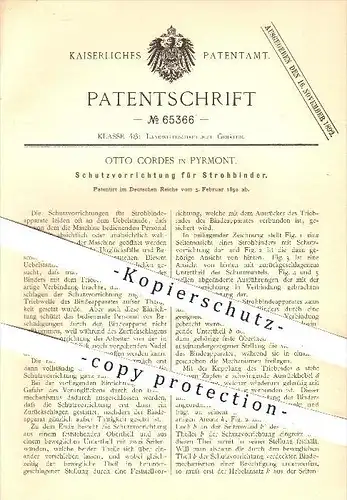 original Patent - Otto Cordes in Pyrmont , 1892 , Schutzvorrichtung für Strohbinder , Stroh , Landwirtschaft !!!