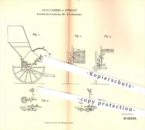 original Patent - Otto Cordes in Pyrmont , 1892 , Schutzvorrichtung für Strohbinder , Stroh , Landwirtschaft !!!