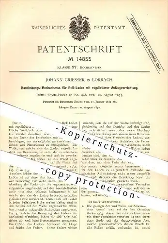 original Patent - Johann Griesser , Lörrach , 1881 , Rollladen mit regulierbarer Aufzugsvorrichtung , Fenster , Jalousie