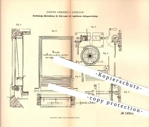 original Patent - Johann Griesser , Lörrach , 1881 , Rollladen mit regulierbarer Aufzugsvorrichtung , Fenster , Jalousie