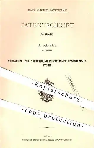 original Patent - A. Regel in Gotha , 1878 , Anfertigung künstlicher Lithographie - Steine , Druck , Druckerei , Drucker