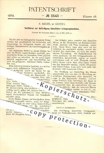 original Patent - A. Regel in Gotha , 1878 , Anfertigung künstlicher Lithographie - Steine , Druck , Druckerei , Drucker