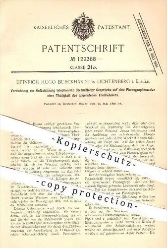 original Patent - H. H. Burckhardt , Lichtenberg , 1899 , Aufzeichnung telefonisch übermittelter Gespräche , Telefon !