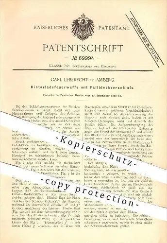 original Patent - Carl Leberecht in Amberg , 1892 , Hinterladefeuerwaffe mit Fallblockverschluss , Waffe , Waffen !!!