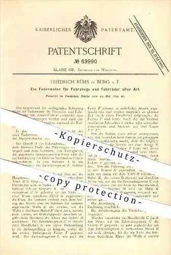original Patent - Friedrich Rühs in Burg , 1892 , Federmotor für Fahrzeuge und Fahrräder , Motor , Motoren , Fahrrad !!