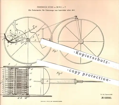 original Patent - Friedrich Rühs in Burg , 1892 , Federmotor für Fahrzeuge und Fahrräder , Motor , Motoren , Fahrrad !!