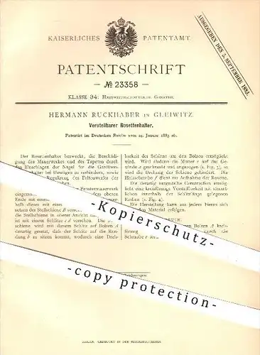 original Patent - Hermann Ruckhaber in Gleiwitz , 1883 , Verstellbarer Rosettenhalter , Rosetten , Gardinen , Haushalt !